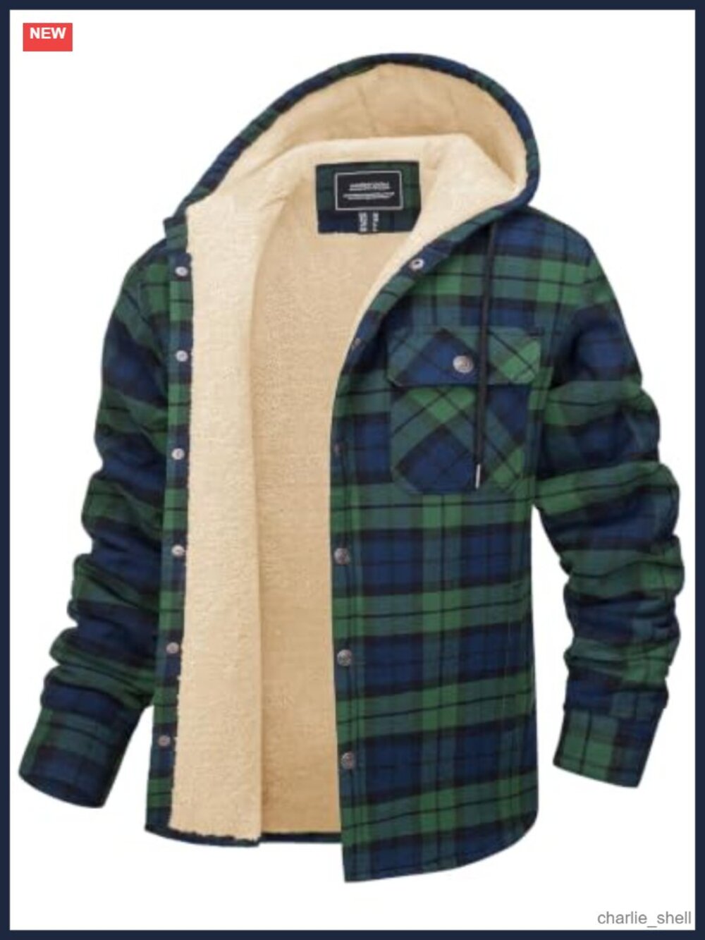 Mens Flannel Hooded Jacket Cotton Sherpa Winter Coat Snap Button